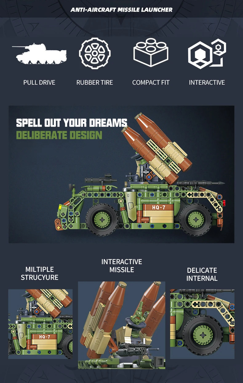 Juego de bloques de construcción de juguete lanzador de misiles de defensa aérea Jiestar 58139 HQ-7