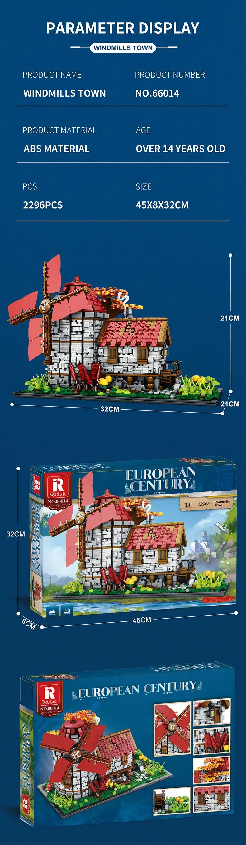 REOBRIX 66014 Europäisches Jahrhundert: Windmühlenstadt-Baustein-Spielzeugset