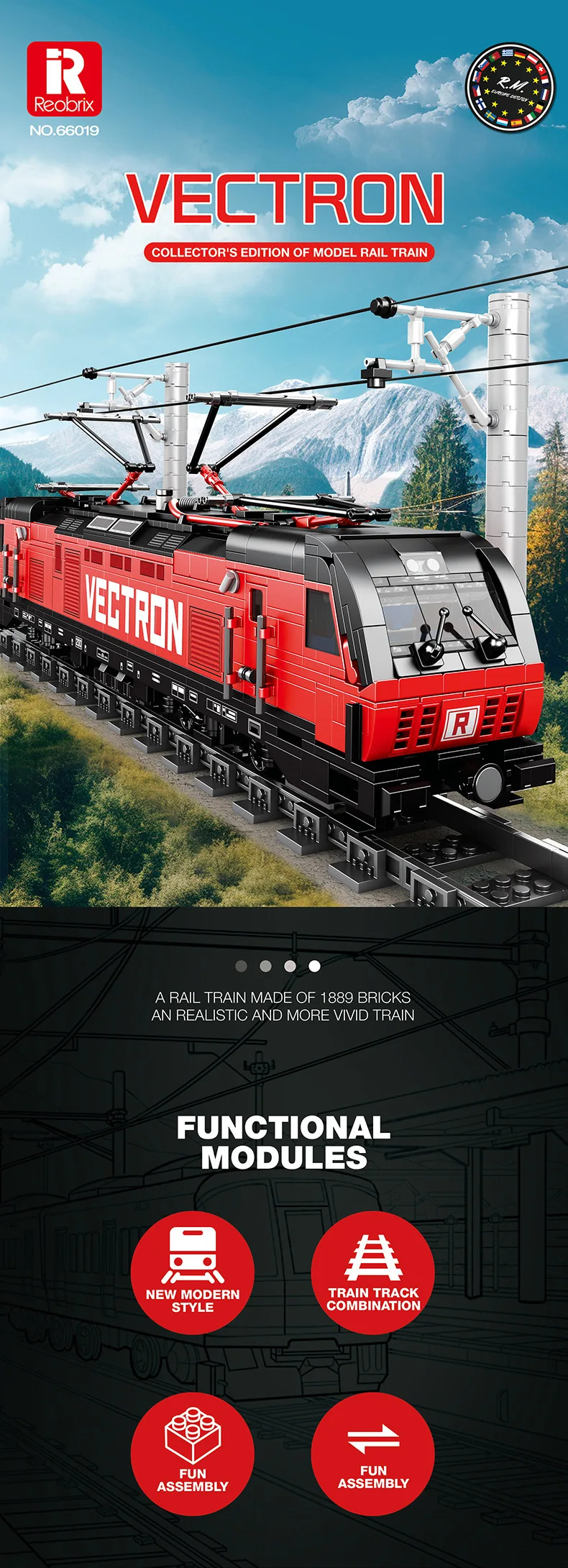 REOBRIX 66019 Vectron European Electric Passenger Train Building Blocks Toy Set